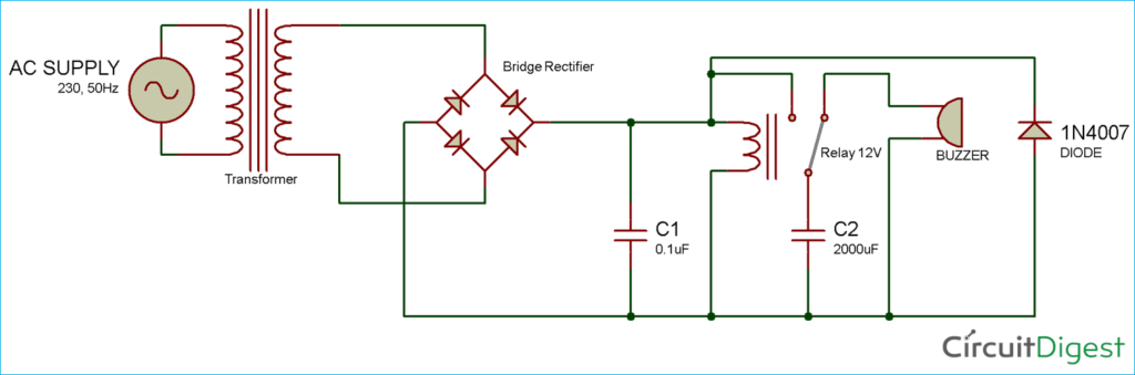 Circuit Diagram for Mains Power Supply Failure Alarm Circuit