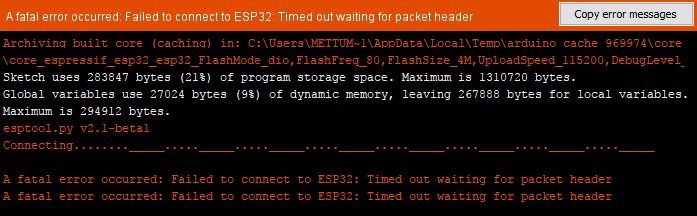 Failed to connect to ESP32 Error while Uploading Sketch in Arduino IDE 1