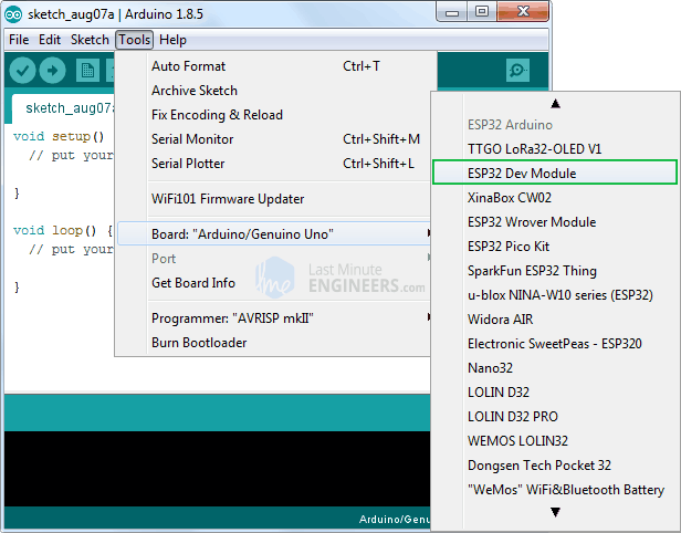 Selecting ESP32 Dev Module in Arduino IDE 1